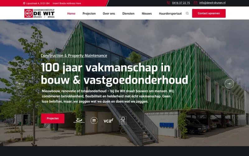 Website van Aannemingsbedrijf De Wit — ontworpen door Hilux Media